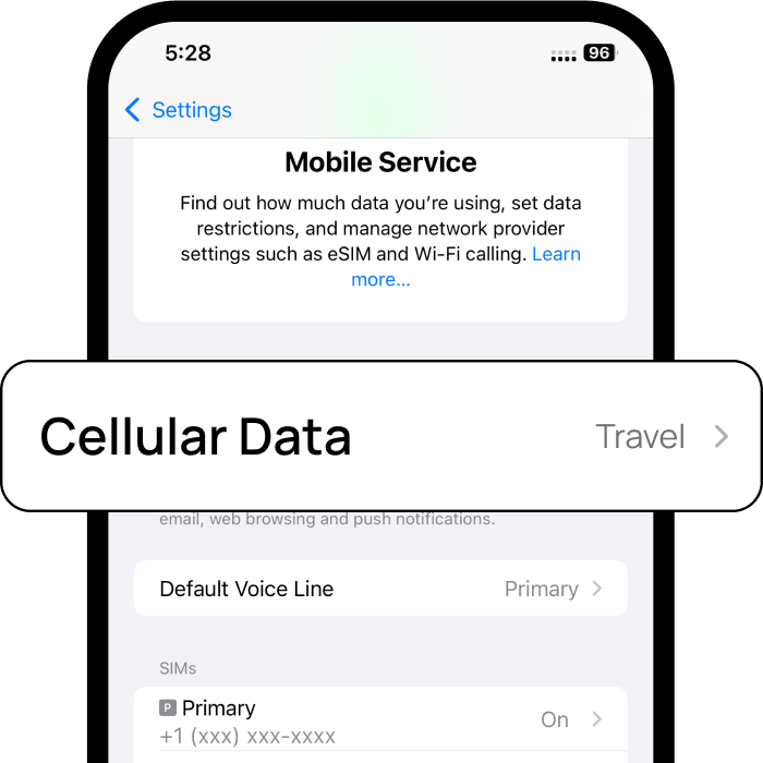 Activate eSIM in iPhone | Select Travel eSIM as primary data SIM